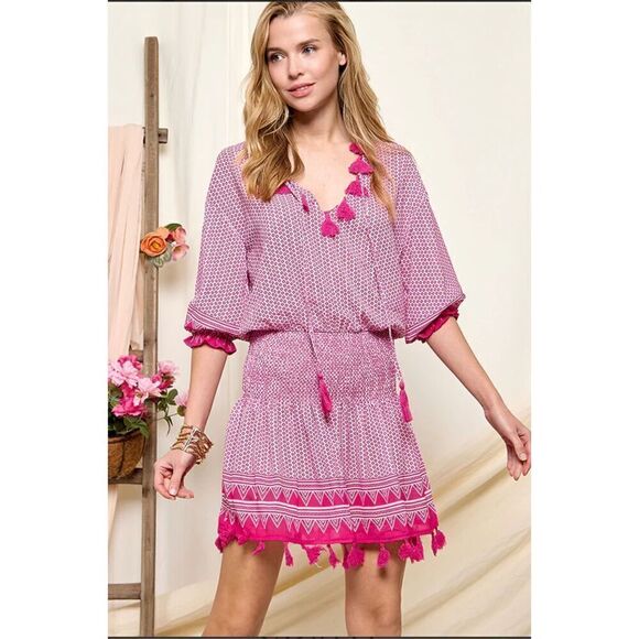 CEZELE Dresses & Skirts - CZ COLLECTION BY CEZELE Womens Tassel Boho Dress Swimcover Sz Small Pink White